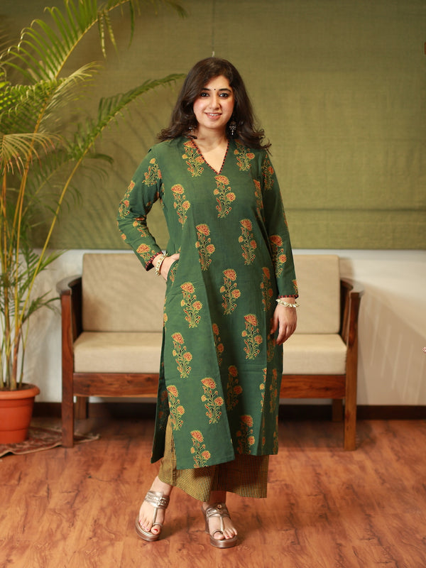 Green Embellished With Embroidered Cotton Kurti